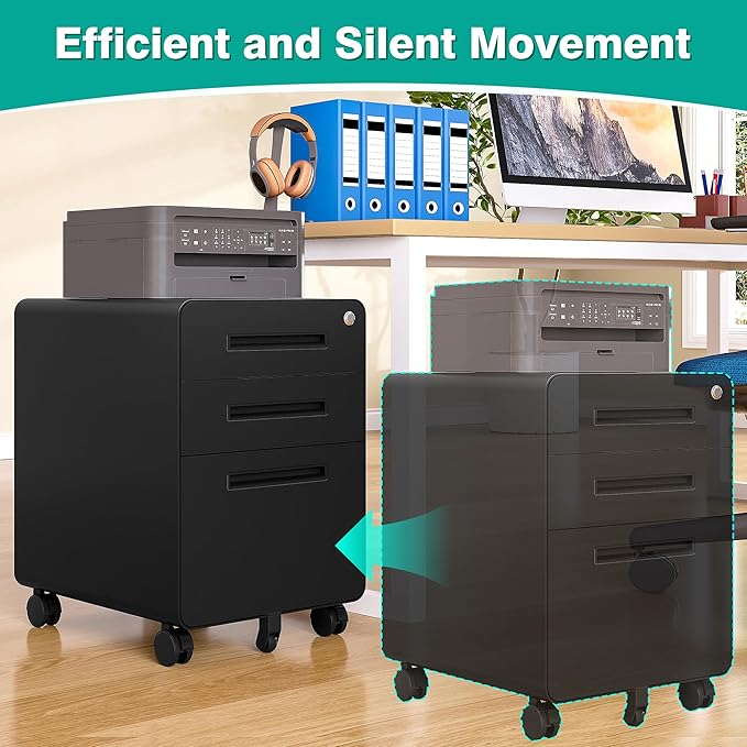 SISESOL 3 Drawer File Cabinet with LockRolling File CabinetsUnder Desk File CabinetThree Drawer Filing Cabinet for Home Office with WheelsFit A4/Letter/Legal FileFully Assembled Except Casters