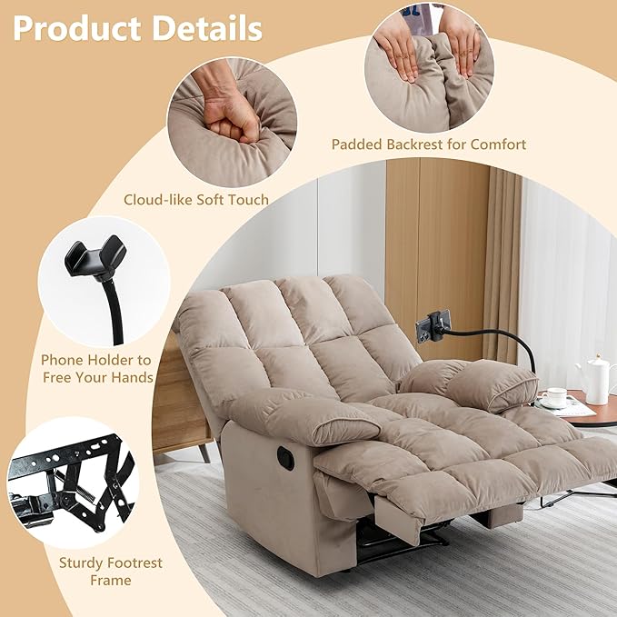 Oversized Recliner Chairs for Adults 400LBS Extra Wide Recliner with Overstuffed Armrest and Backrest Velvet Big and Tall Recliners for Living Room Beige