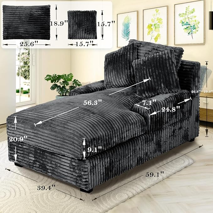 59 Inches Chaise Lounge Indoor with Adjustable Backrest Single Sleeper Sofa Chair with Lumbar Pillows Upholstered Sofa Bed for Living Room Bedroom Office