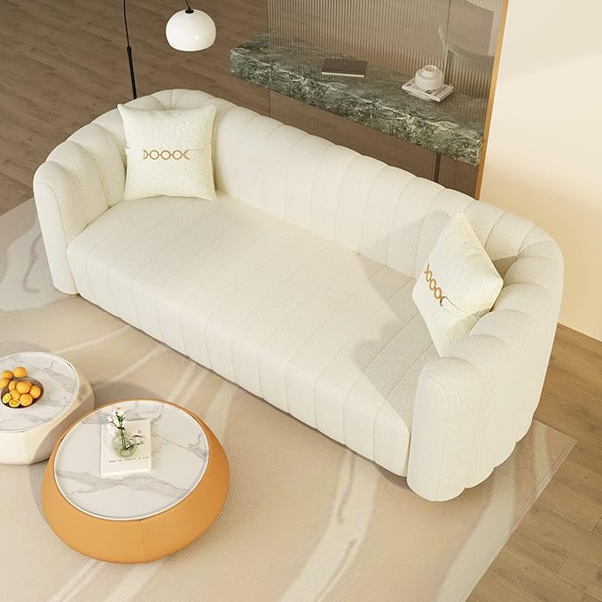 Modern Teddy Cream White Couch for Living Room 83.46 Curved Sofa with Gold Metal Sphere Legs 3 Seater Cute Couch (Teddy Cream White)