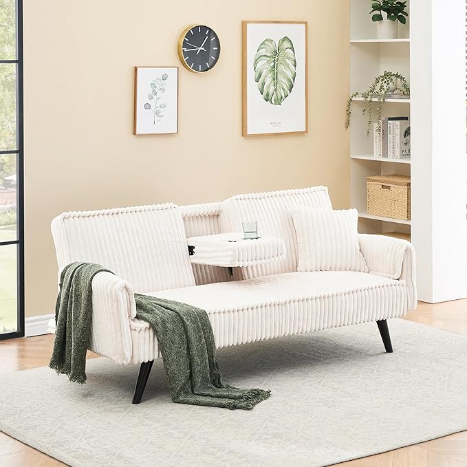 72 Modern Corduroy Sofa Bed FutonConvertible Sleeper Couch Bed with Cup Holder4 Reclining PositionsFolding Sofa Cloud Loveseat for Small Living Room Apartment Office (White)