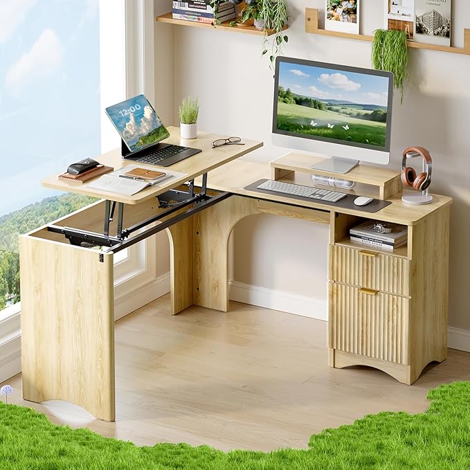 Bestier L Shaped Desk with Lift Desktop 55 inch Corner Desk with Fluted Panel Deisgn Drawers Modern Office Desk with File Drawer (Natual Oak 55'' x 55'' Lift Top)