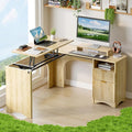 Bestier L Shaped Desk with Lift Desktop 55 inch Corner Desk with Fluted Panel Deisgn Drawers Modern Office Desk with File Drawer (Natual Oak 55'' x 55'' Lift Top)
