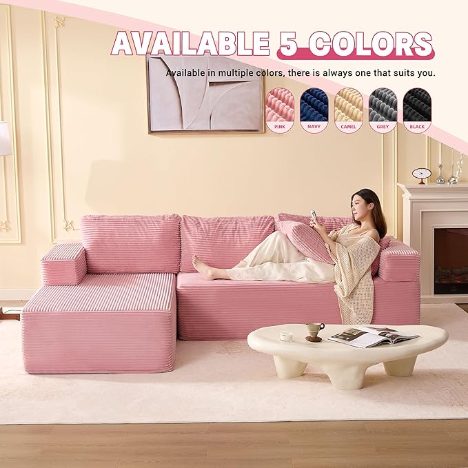 107 Boneless Couch with Deep Seat Set of Modular Sectional Sofa Cloud Sectional Couch for Living Room No Assembly Required Corduroy L-Shape Left Pink