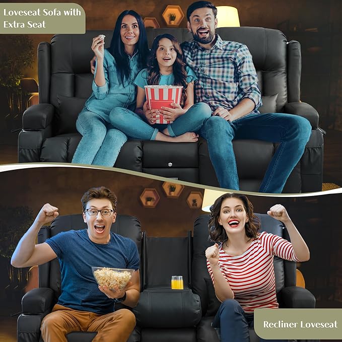 TUNYI Power Loveseat Recliner Sofa Faux Leather Reclining Sofa with Console RV Reclining Loveseat Couch with USB/Outlet/Storage/Side Pocket/LED Light/Speaker (Black Loveseat)