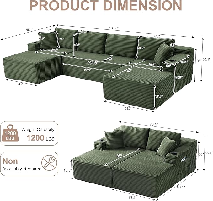 134 Cloud Couch Sectional Modular Sofa with Cup Holder and Storage Pocket Corduroy U Shaped Boneless Sofas Couch in a Box No Assembly Required Green Couches for Living Room