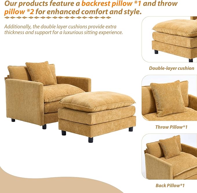 TTK Oversized Chaise Lounge Chair with Ottoman - 39.17 Wide Modern Sleeper Sofa for Living Room Bedroom &amp Office - Deep Seat Sectional Couch with Pillow Comfortable Reading Chair (Yellow 39.17