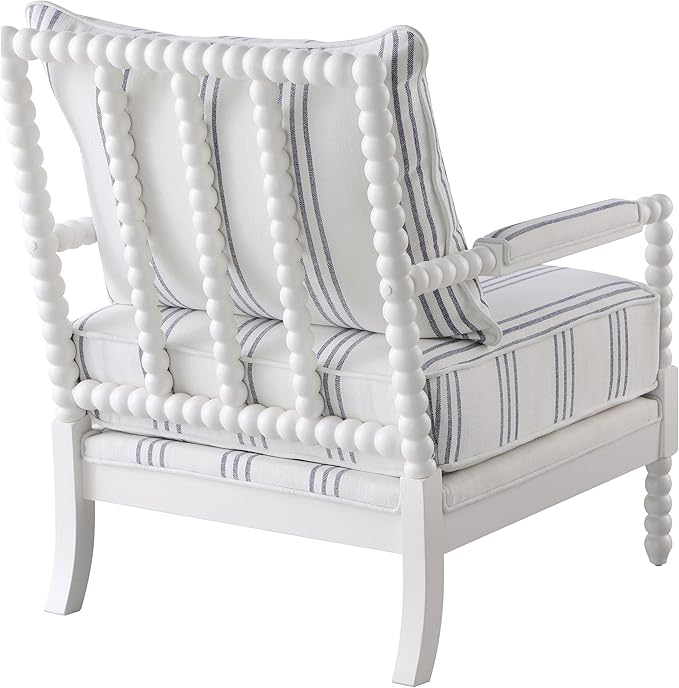 BOWERY HILL Fabric Upholstered Accent Chair 38 H x 29.5 W x 34 D Linen-Like White with Navy Stripes Spindle Frame Rubberwood Construction Padded Armrests Stationary Design for Living Room or