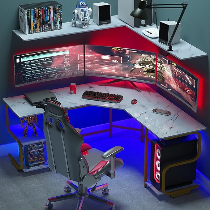 Teraves Modern L Shaped Desk with Shelves64.84 Computer Desk/Gaming Desk for Home OfficeCorner Desk with Large Desktop (White Marbling+ Gold Frame Large+4 Tier Shelves)
