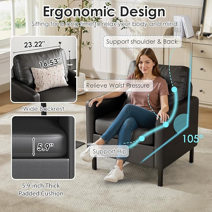 STHOUYN Black Faux Leather Accent Chair Set of 2 with Arms Modern Small Accent Office Chair Waiting Room Chairs for Living Room Bedroom with Metal Legs