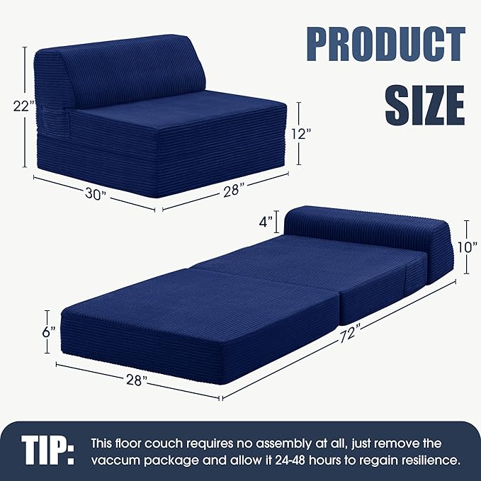 Folding Sofa Bed with Pillow Memory Foam Fold Out Chair Bed Convertible Sleeper Chair with Washable Cover Futon Floor Couch for Living Room/Dorm/Guest Use/Home Office/Apartment Navy Blue