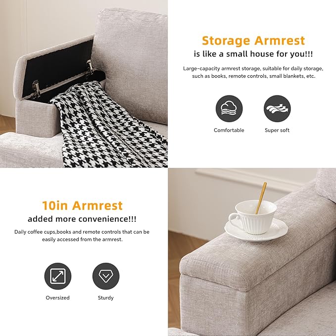Sectional Couch Sofa with Armrest Organizer85 L Shaped Couch with OttomanVelvet Convertible Couches for Living Room3 Seats Sofas Set for BedroomHome FurnitureKhaki