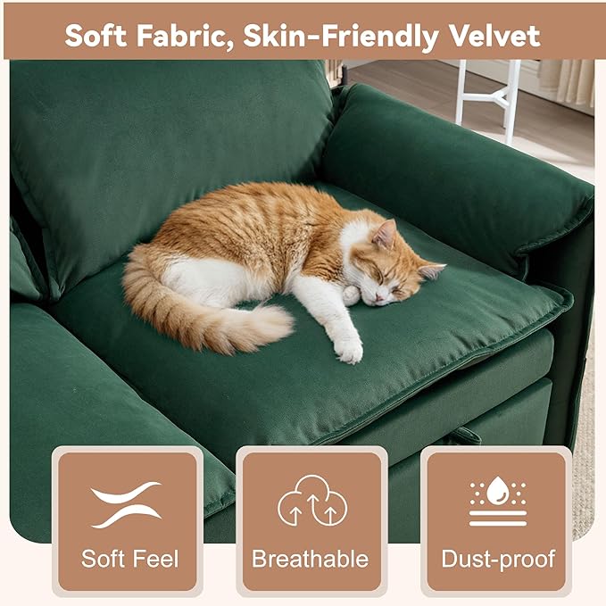 63 Velvet 3 in 1 Convertible Sleeper Sofa Bed Pull Out Couch Bed Loveseat with Adjustable Backrest Chaise Lounge USB Port &amp Side Pocket Modern Sofa for Living Room Small Spaces Green