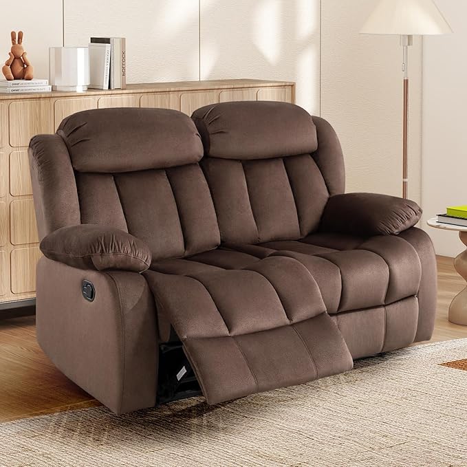 INZOY Manual Loveseat Recliner Sofa with Padded Armrest Wall-Hugger 2 Seat Reclining Love Seat Couches with Overstuffed Back Double Seater Reclining Chair for Living Room Theater Seating Brown