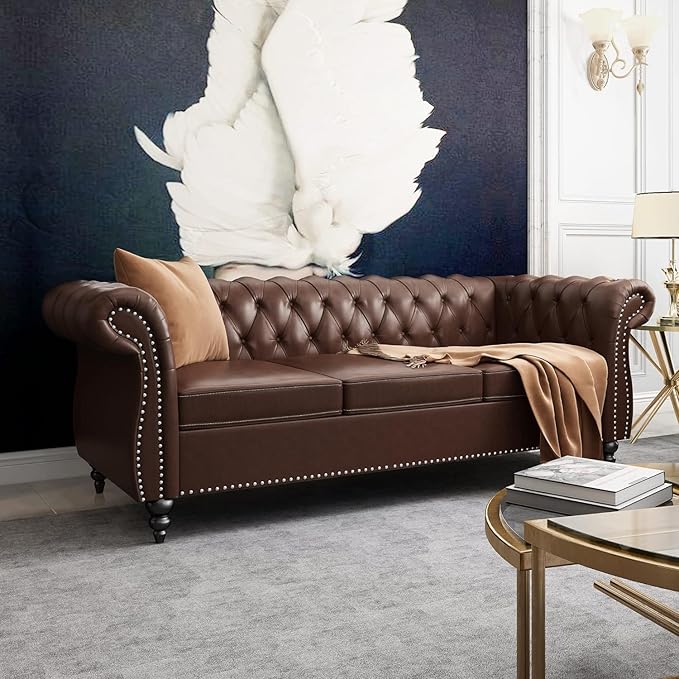 AVZEAR Chesterfield Leather Sofa 3 Seater Couch Mid-Century Large Sofa Roll Arm Classic Tufted Settee Modern PU Sofa with Channel Tufted Seat Back for Living Room Office Apartment PU Brown