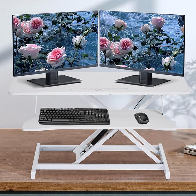 38-Inch Height Adjustable Standing Desk Converter Duals Monitor &amp Laptop Riser with Wide Keyboard Tray Sit to Stand Ergonomic Workstation for Home Office School Business White