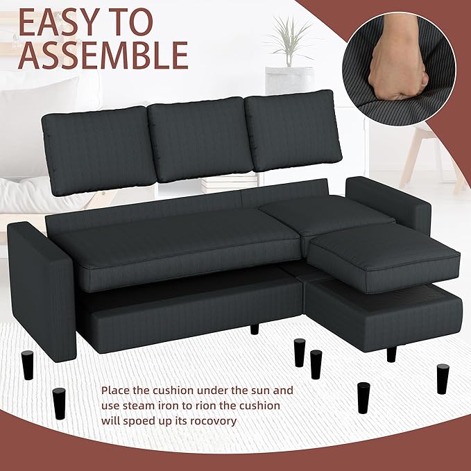 Nuturelly Nutually Convertible Sectional Sofa Couch with Movable Ottoman 3-Seater Modern L-Shaped Sofa for Small Spaces Soft Fabric Couch for Living Room Small Apartment &amp Office(Dark Gray)