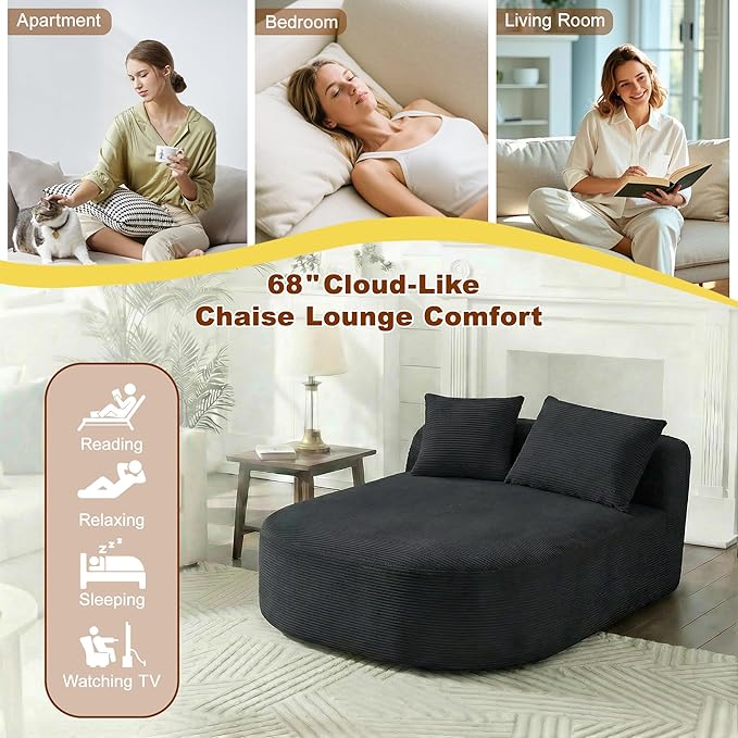 Chaise Lounge Chair Indoor 67.5 Oversized Boneless Couch Could Comfy Upholstered Sleeper Sofa Bed Corduroy Plush Modern Curved Floor Sofas Chair with 2 Pillows for Readng Living Room Bedroom Apartment