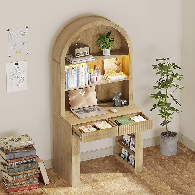 Arched Writing Desk with Hutch Home Office Desk with 2 Fluted Drawers Secretary Desk with Outlets LED Lights Bookshelves Wood Computer Desk for Small Space Bedroom 35.4W x 70.8H (Oak)