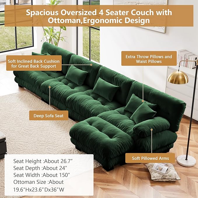 Aoowow Modern Modular Sectional Sofa173.2 Oversized 4 Seater L-Shaped CouchChenille Cloud Couches for Living RoomTufted 4 Seat Lounger Cloud Sofa with Deep Seat