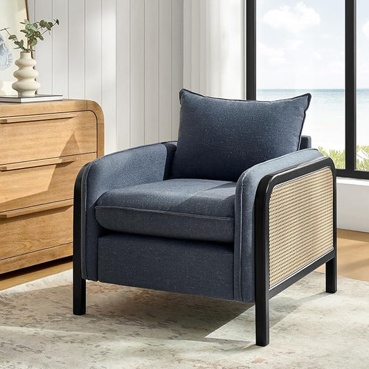 HULALA HOME Woven Rattan Armchair Modern Accent Chair with Wood Armrest and Legs for Living Room Bedroom Makeup Room Detachable Cushion &amp Upholstered Navy