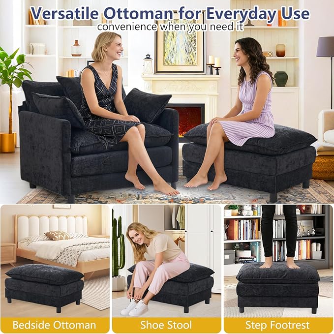 cinkehome Oversized Accent Chair with Ottoman Comfy Upholstered Armchair with Deep Seat Overstuffed Lounge Chair for Living Room Reading Nook (Black Chenille)