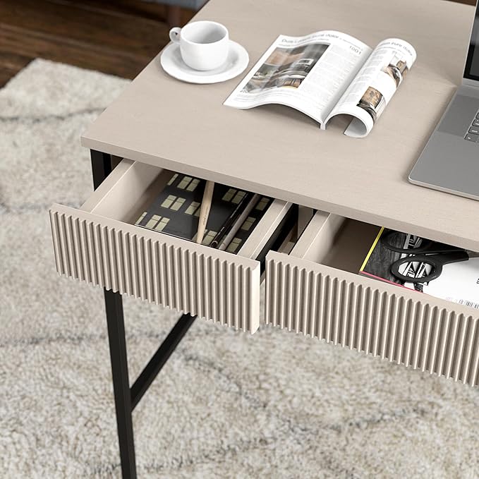 Henn&ampHart 48 Fluted Mid-Century Modern Rectangular Wooden Home Office Desk Computer Desk Writing Table with 3 Ribbed Storage Drawers for Bedroom Living Room or Home Office Beech White