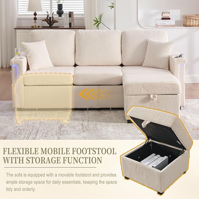76'' Sectional Sofa Couches for Living Room 3 Seat L-Shaped Couch with Storage &amp Ottoman Corduroy Convertible Sofas with Chaise Apartment with USB Charging Cup Holder (Beige)