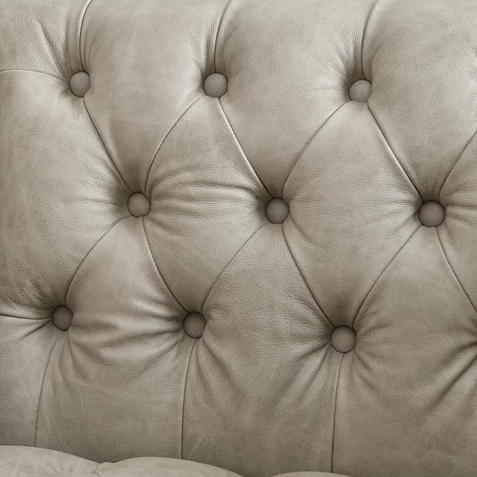 KINWELL 32'' W Genuine Leather Square Swivel Barrel Chair Mid Century Modern Tufted Swivel Accent Chair for Living Room Bedroom Office (Light Gray)