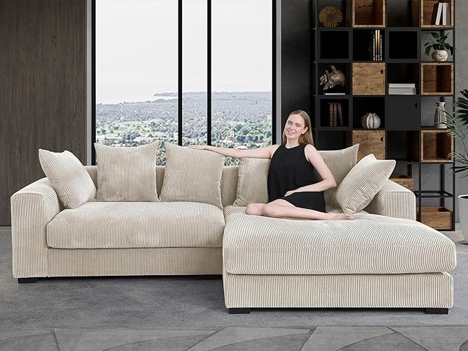 WILLIAMSPACE 109.75 Corduroy Sectional Sofa Couch for Living Room Modern Upholstered L-Shaped Sofa with Right-Facing Chaise Lounge Contemporary 4-Seat Couch with 6 Pillows (Beige)