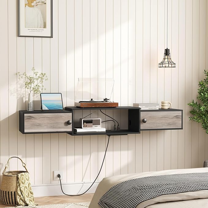 HOOBRO 55 Floating TV Stand with Power Outlets Modern Wall Mounted Media Console Shelf with Doors Entertainment Center for Under TV Storage for Living Room Bedroom Greige and Black BG11UDS01