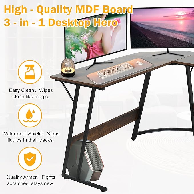 Bigacc L Shaped Gaming Desk 50 Corner Desk Spacious Dual Tops P2 Particleboard Metal Z-Legs Adjustable Non-Slip Pads Scratch/Waterproof Multi-Use Home Office/Game Room/Dorm