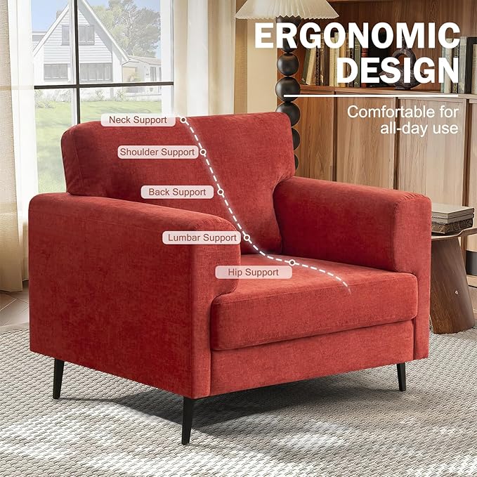Oversized Accent Chair Upholstered Living Room Chairs Single Sofa Chair w/Metal Legs Comfy Chenill Fabric Reading Lounge Armchair for Apartment Bedroom Office Terracotta 1PC