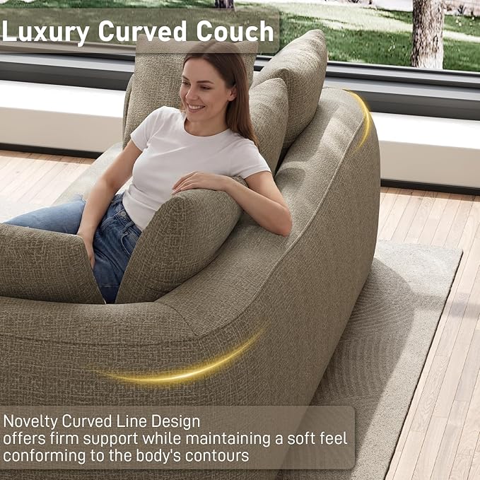 101 Curved Sofa Cloud Couch for Living Room Comfy Chenille 3-Seater Boneless Sofa Extra Deep &amp Wide Seat with 5 Throw Pillows No Assembly Needed Camel