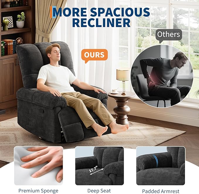 GarveeHome Recliner Chair 360° Swivel Rocker Glider Nursery Chair with Padded Armrest and Deep Seat Chenille Upholstered Reclining Sofa Chair for Living Room Bedroom and Nursery (Black)