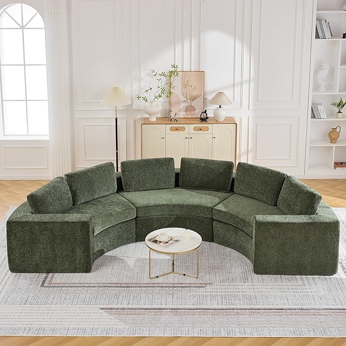 139'' Curved Round Boneless Couch Oversized Cloud Sofa with Deep Seat &amp Arms Chenille Modular Sectional Sofa with Pillows Upholstered Comfy 6 Seat Couch for Living Room Green