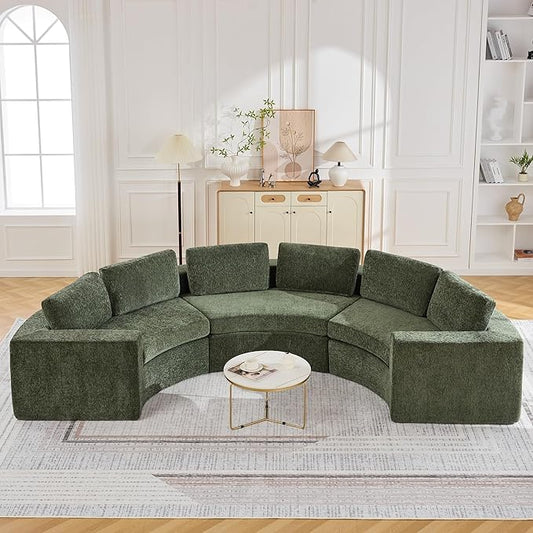 139'' Curved Round Boneless Couch Oversized Cloud Sofa with Deep Seat &amp Arms Chenille Modular Sectional Sofa with Pillows Upholstered Comfy 6 Seat Couch for Living Room Green