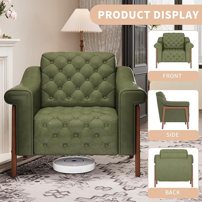 EJUNQ Cozy Accent ChairPU Leather Modern Living Room ChairsMid-Century Office Reading ChairSingle SofaArmchair for Bedroom Apartment Waiting Room(Green)