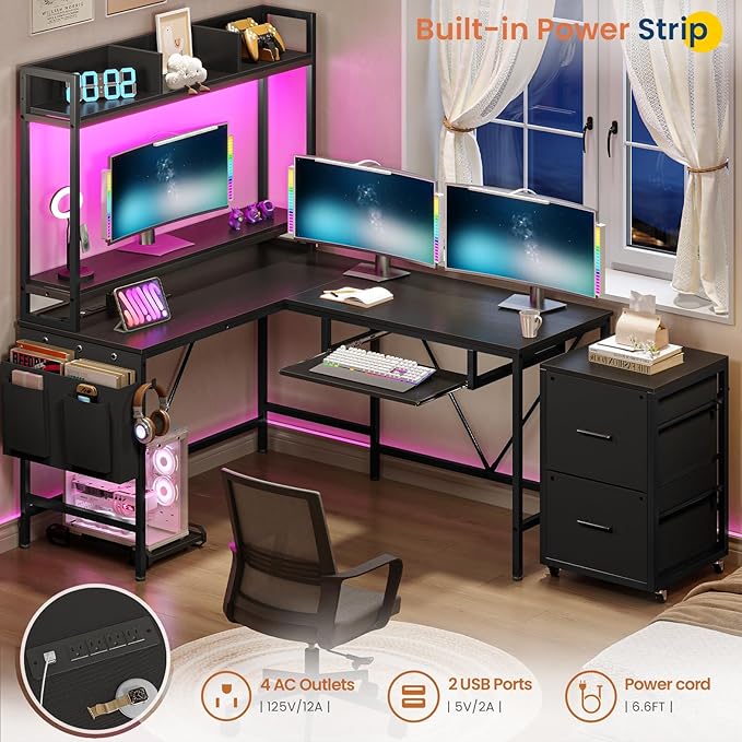 L Shaped Gaming Desk with Shelves 55in Reversible Home Office Desks with Power Outlet RGB Led Strip Movable File Cabinet Keyboard Tray 2 Drawers (Black)