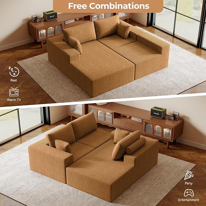 111‘’ Modular Sectional Cloud Couches with L Shaped Upholstered Deep Seat Boneless Sofa for Living Room Bedroom No Assembly Required-Camel