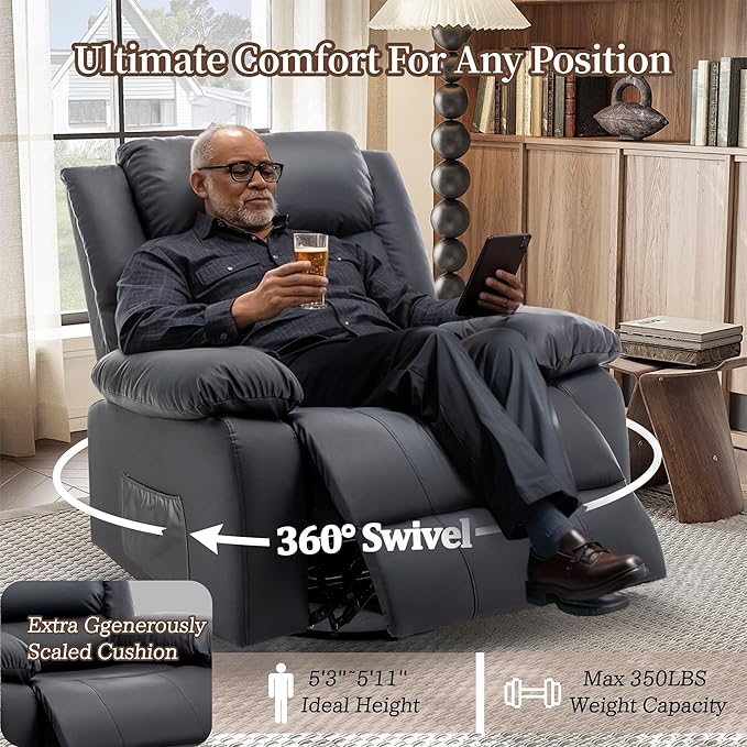 Recliner Chair Wide Rocker Chair Pet-Friendly Design Large Rocking Chair with Massage and Heat360°Swivel Nursery Rocking Chair Oversized Recliner for Adults Black Reclining Sofa for Living Room