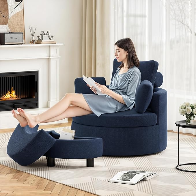 39.8” Swivel Accent Barrel Chair with Storage Oversized Round Chairs with Half Moon Ottoman Swivel Barrel Chaise Lounge Indoor with Neck Support Pillow Barrel Chairs for Living Room Dark Blue