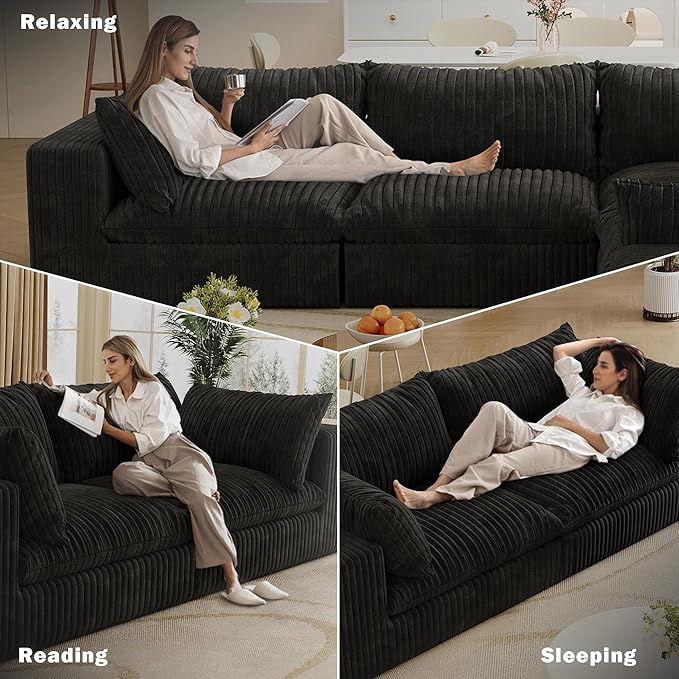 118.2 Modern V Shaped Corner Sofa Comfy Modular Sectional Cloud Couch with Plush Corduroy Fabric Deep Seat Upholstered Sofa Fluffy Boneless Couches for Living Room No Assembly (Black)
