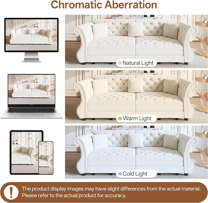 97.6'' Sleeper Sofa Bed King Size Flower Tufted Pull Out Couch Velvet Chesterfield Futon Couches Modern 4 Seater Convertible Sofa 3 Pillows for Living Room Apartment Offices Beige