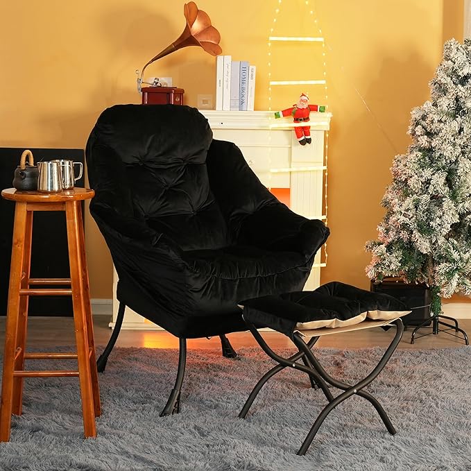 Kokel Lazy Chair with Folding OttomanLiving Room Chairs Accent Contemporary Lounge Chair Single Steel Frame Leisure Sofa Chair with Armrests and A Side Pocket (Black)