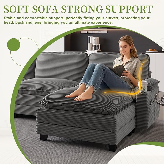 113 Cloud Sectional Couch Modular L Shaped Sofa with Movable Ottoman Comfy Corduroy Deep Seat Sofa with Cup Holders Storage Bags Couches for Living Room