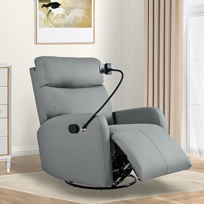 Swivel Rocker Recliner Chair for Nursery Upholstered 360° Leather-air Glider Rocking Chair with Phone Holder Manual Small Recliners for Small Spaces Living Room