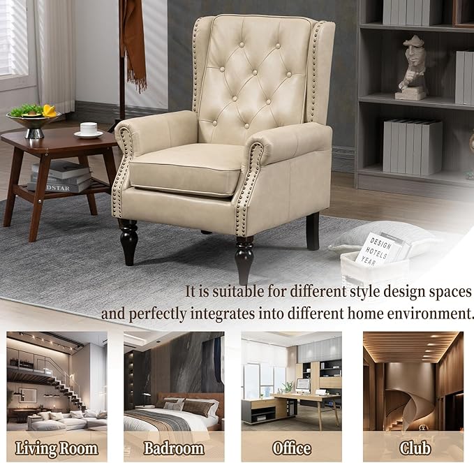 Mid-Century High Wingback Chair Set of 2Faux Leather Accent Chair Armchair with ButtonsModern Living Room Chairs with Rivet DecorationLeisure Single Sofa Chair for BedroomHome ReceptionCamel