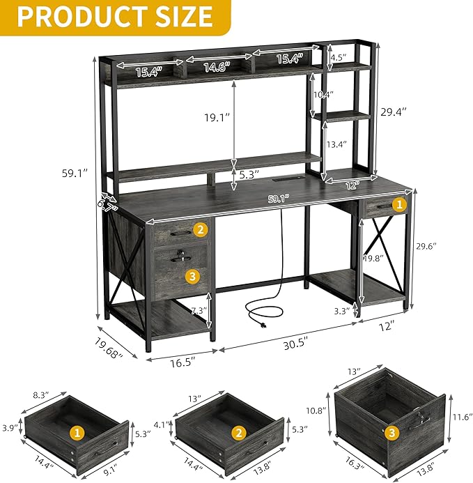DWVO Computer Desk with Drawers &amp Hutch 59.1 Office Desk with Power Outlets &amp LED Lights Home Office Desk with Storage Shelves Grey