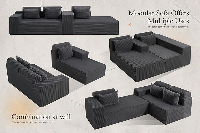 HABUTWAY Sectional Couches for Living RoomNo Assembly L Shaped Couch 105 Modular Sectional Sofa Couch with Deep SeatCloud Couches Furniture Sets for ApartmentCorduroy (Dark Grey Right Facing)
